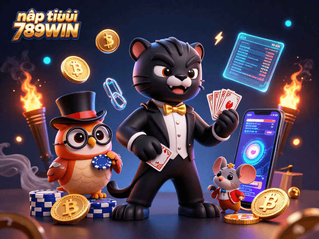 Engage with nạp tiền 789WIN featuring a tuxedo-clad black panther, poker owl, and lucky mouse in a vibrant casino scene.