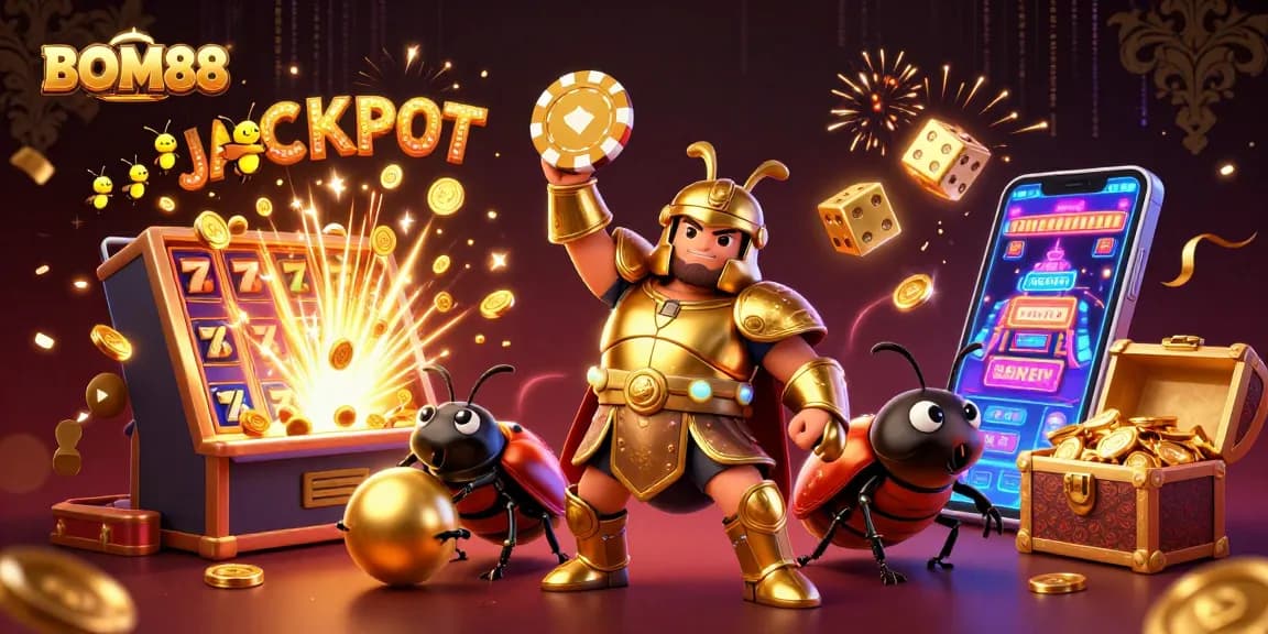BOM88 celebrates wins with 3D beetle characters in a dynamic casino scene featuring slot machines and jackpots.