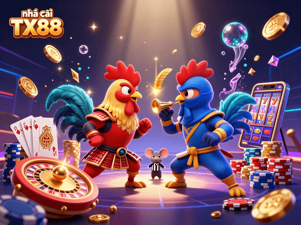 Engage with thrilling moments at nhà cái TX88, featuring fighting roosters in a dynamic standoff.