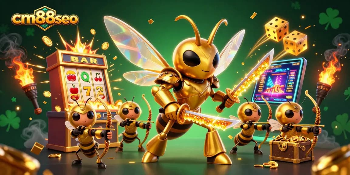 Experience thrilling action with cm88seo, where a golden hornet battles within a vibrant casino scene filled with jackpots.