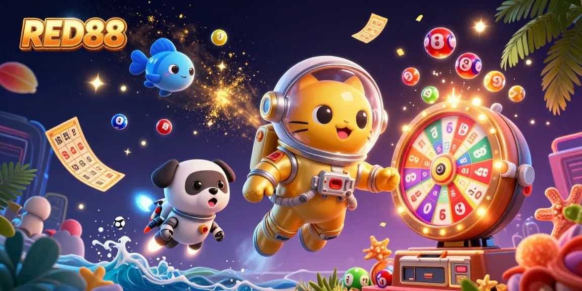 Engage in thrilling gameplay with RED88's vibrant 3D casino scene featuring lottery balls and exciting prizes.