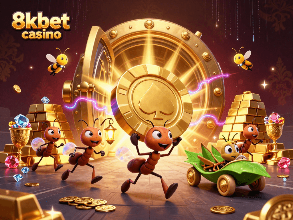 Engage in thrilling gameplay with 8kbet casino as ants execute a heist with a giant poker chip.