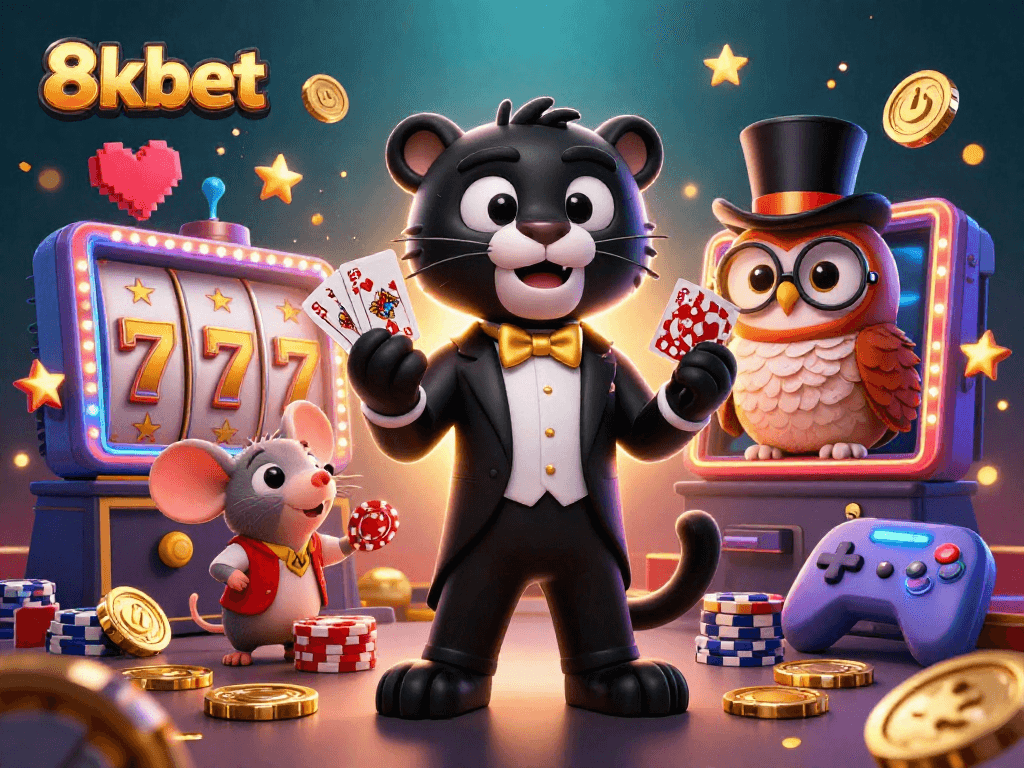 Experience thrilling casino action with characters from 8kbet amidst luxurious gaming elements.