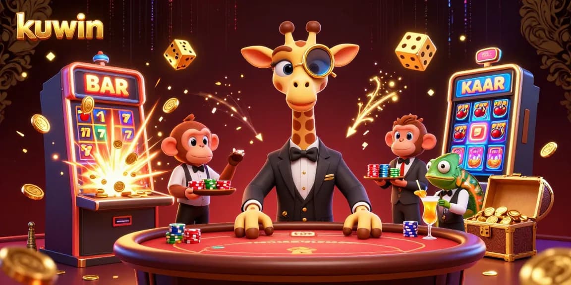 Kuwin casino illustration showcasing a high-roller giraffe, monkey valet, and chameleon bartender amidst vibrant slot machine action.