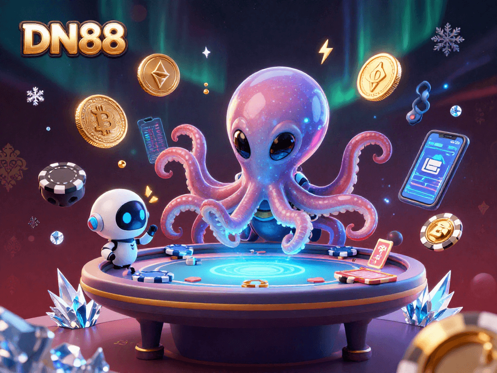 Play exciting casino games at DN88 with vibrant alien octopus and holographic poker action.