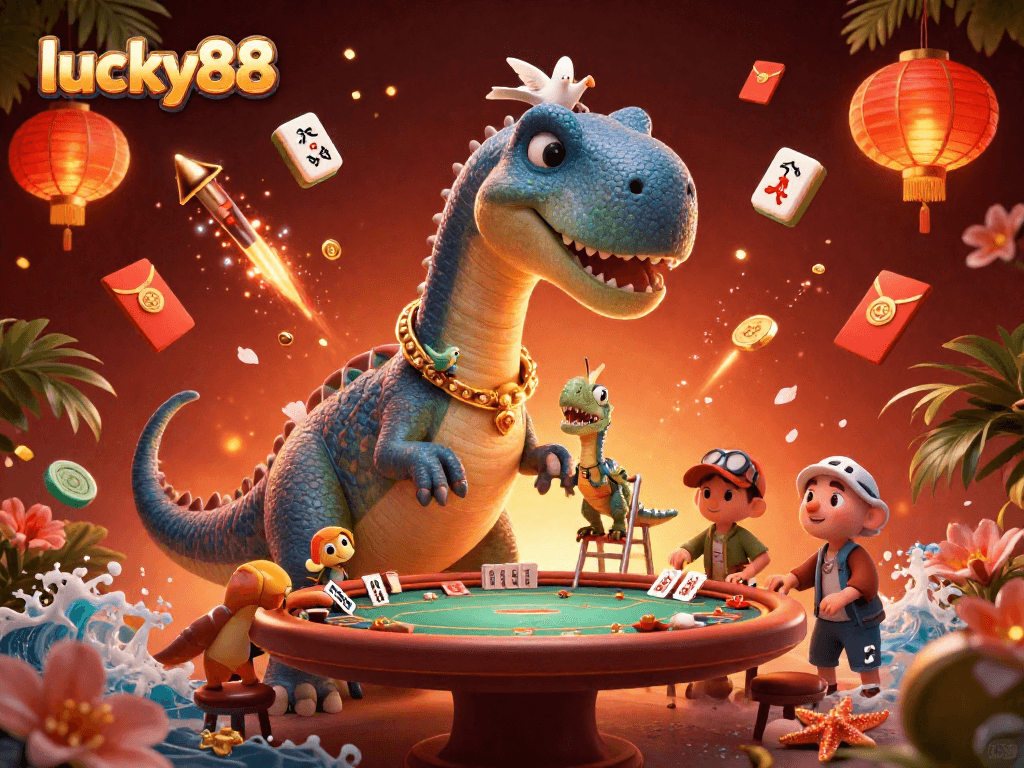 Experience the excitement at lucky88 with a brontosaurus and clever raptor in a vibrant casino scene.