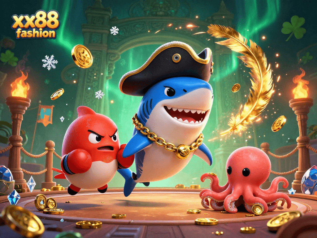 Spin the reels with xx88 fashion in a vibrant casino scene featuring a pirate shark and friends.