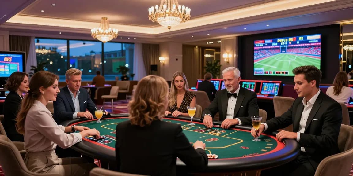 Exciting atmosphere at KO66 online casino with players engaged in live gaming and enjoying cocktails.