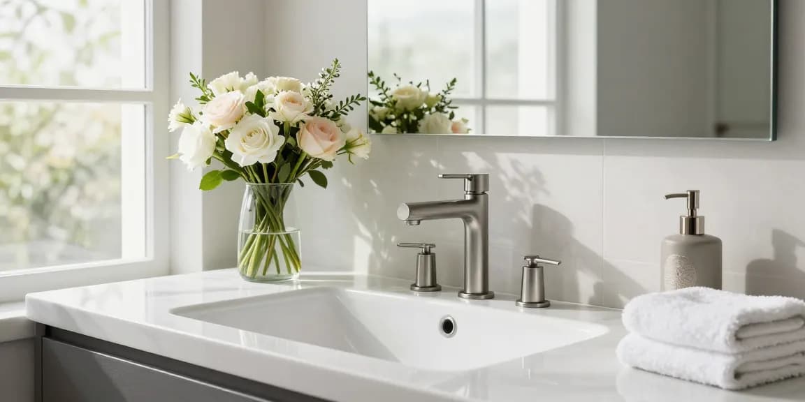 Stijlvolle gunmetal kraan in moderne badkamer met luxe uitstraling en natuurlijke elementen.