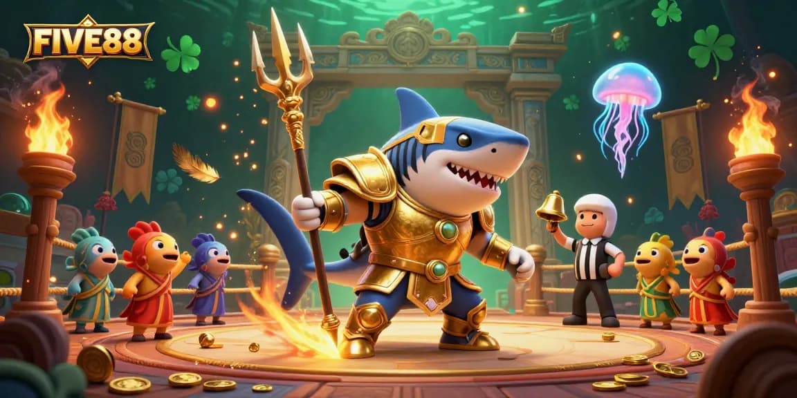 Engage in thrilling matches at FIVE88's underwater colosseum featuring a fierce shark in gladiator armor.