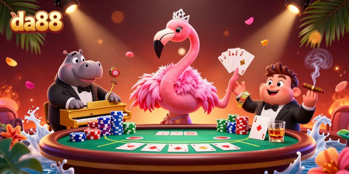 Play and win at da88 with a vibrant casino scene featuring colorful poker elements and lively characters.