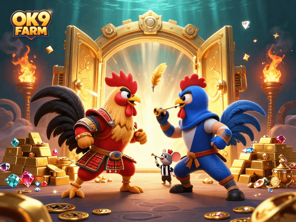 Bet on exciting battles at OK9 FARM, featuring dynamic rooster duels and gleaming treasures.