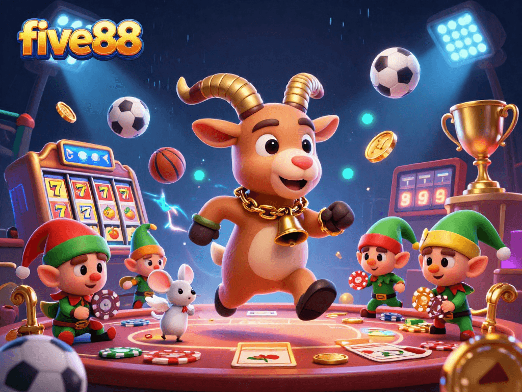 Engage in thrilling gameplay at five88 with a festive Krampus theme casino illustration.