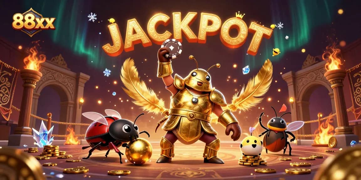Engage with the thrilling casino experience at 88xx, where a beetle hero celebrates a victory in a golden-themed arena.