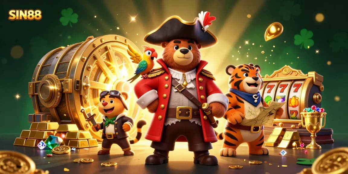 SIN88 captivates with a vibrant casino scene featuring a bear captain, tiger first mate, and dazzling slot elements.