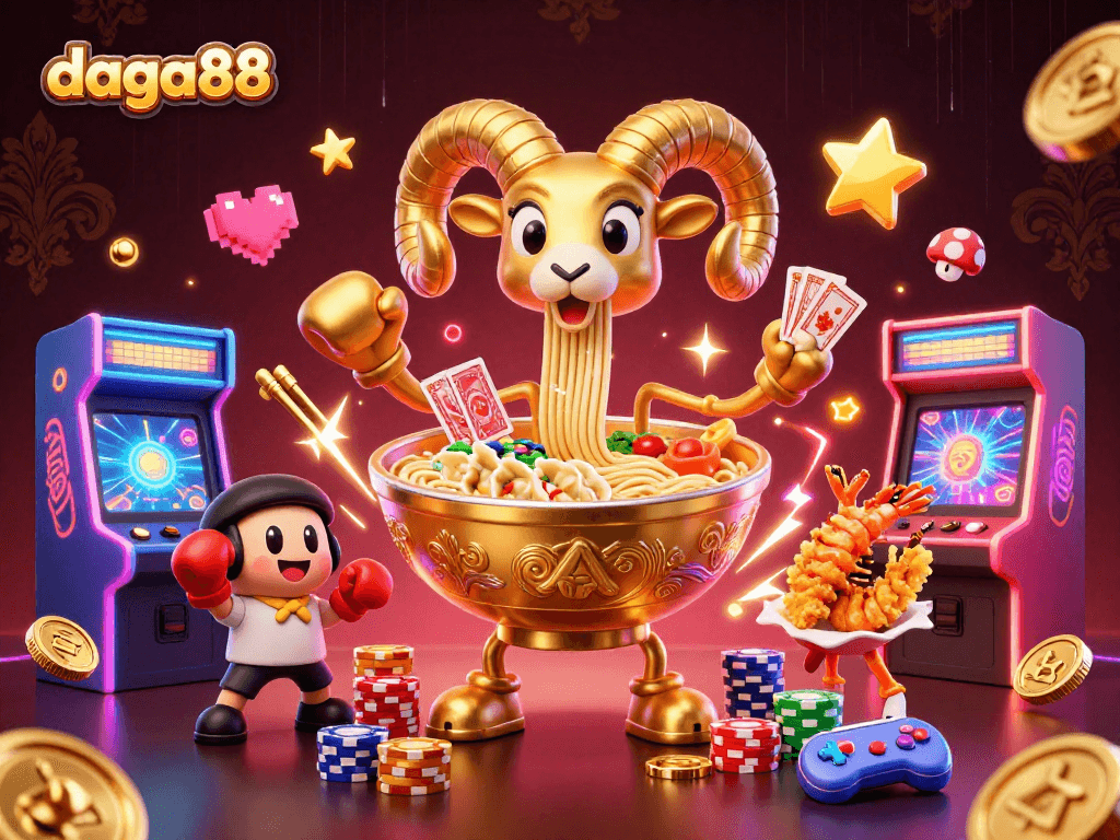 daga88's fierce gaming arena with a giant ramen bowl dealer and sushi roll dealer amidst a colorful casino atmosphere.