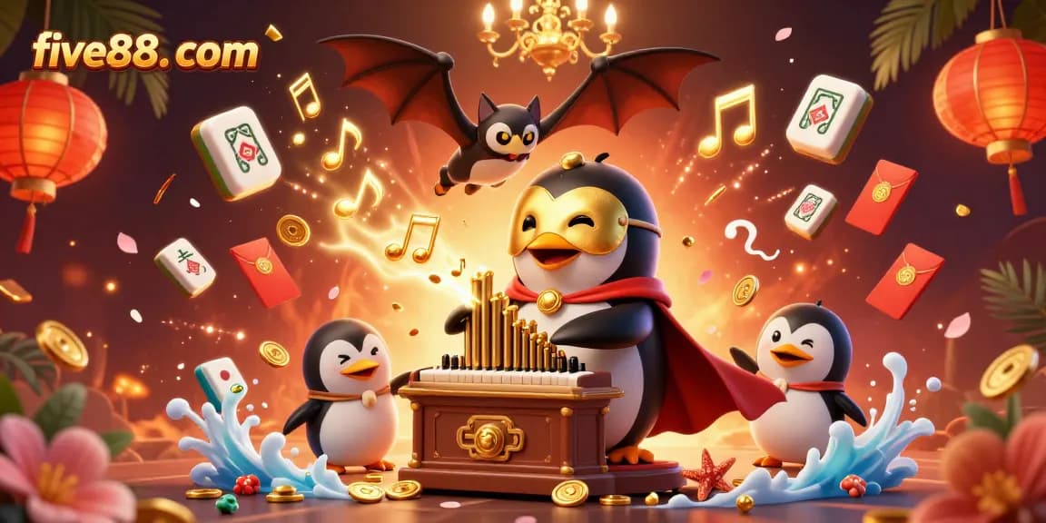 Experience the thrilling gameplay at five88. com with a vibrant 3D casino scene featuring a penguin playing an organ shooting coins.