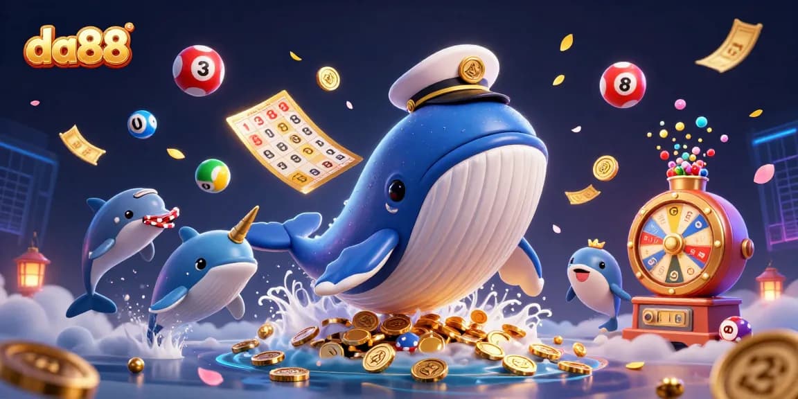 Engage in fun lottery games at da88 with playful whales, dolphins, and vibrant lottery elements.