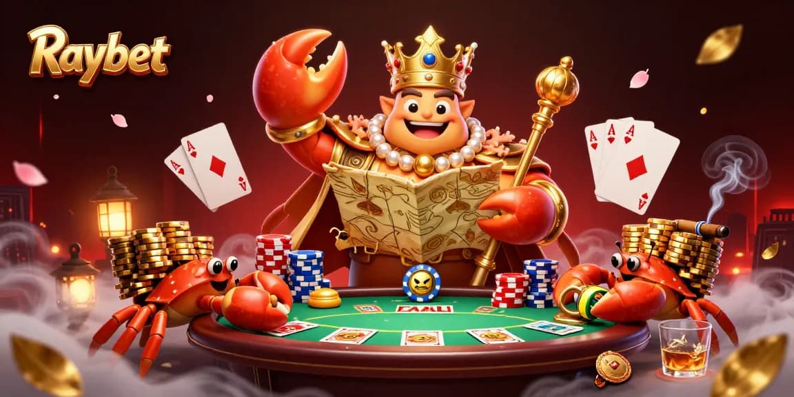 Raybet showcases a golden crab emperor with hermit crab attendants amid a vibrant casino scene.