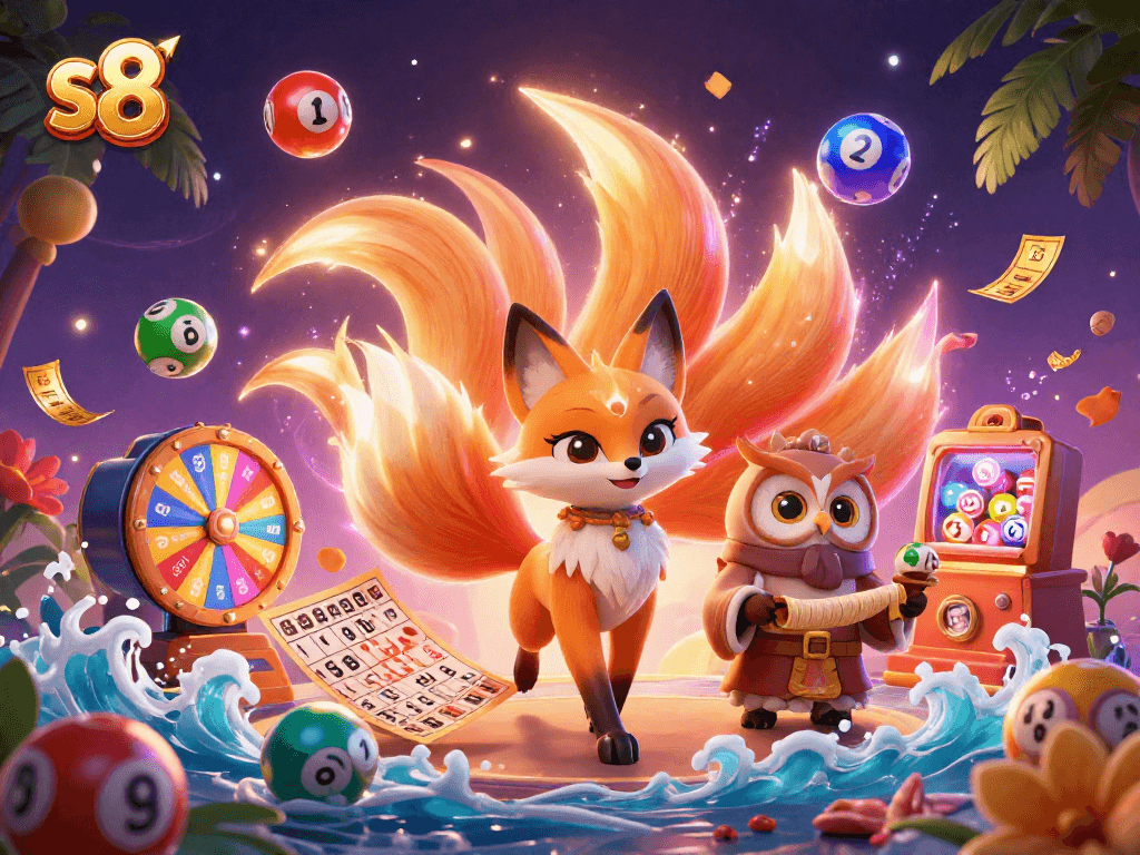 S8 platform showcases a vibrant winning scene with a magical nine-tailed fox and dynamic gambling elements.