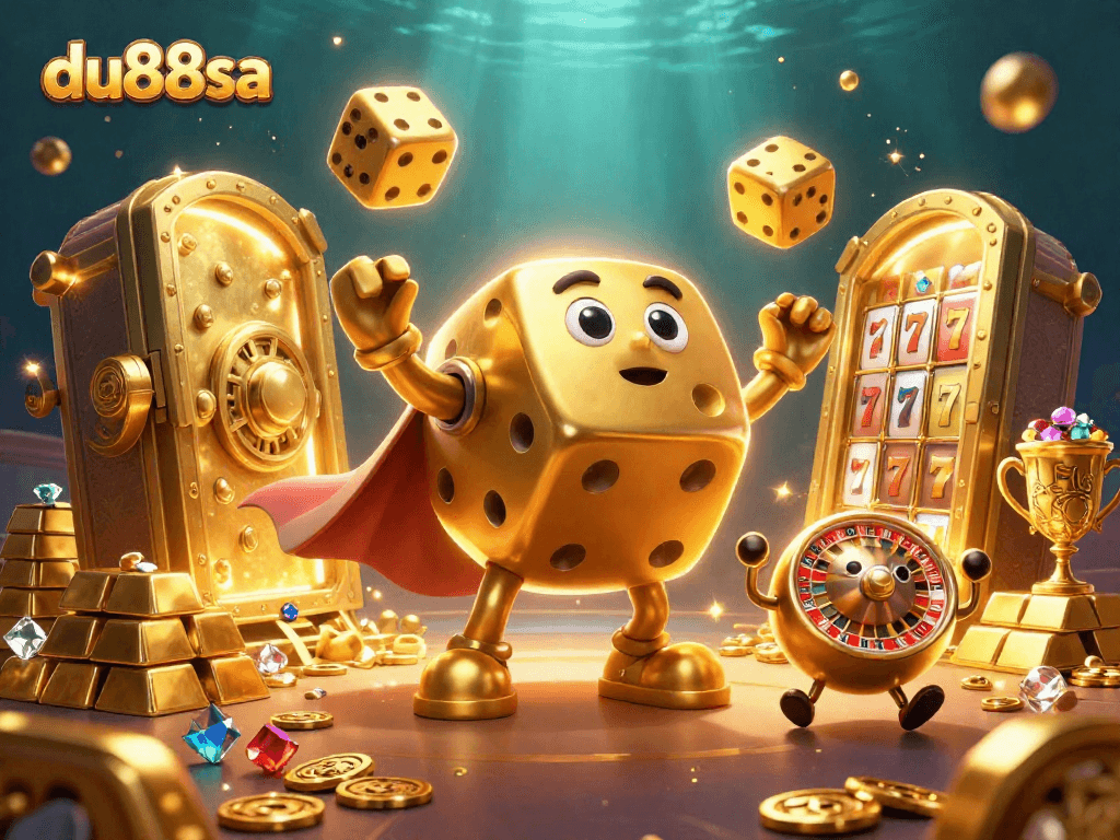 Experience the thrill of du88sa with a captivating 3D casino scene featuring dynamic golden dice, treasures, and slot reels.