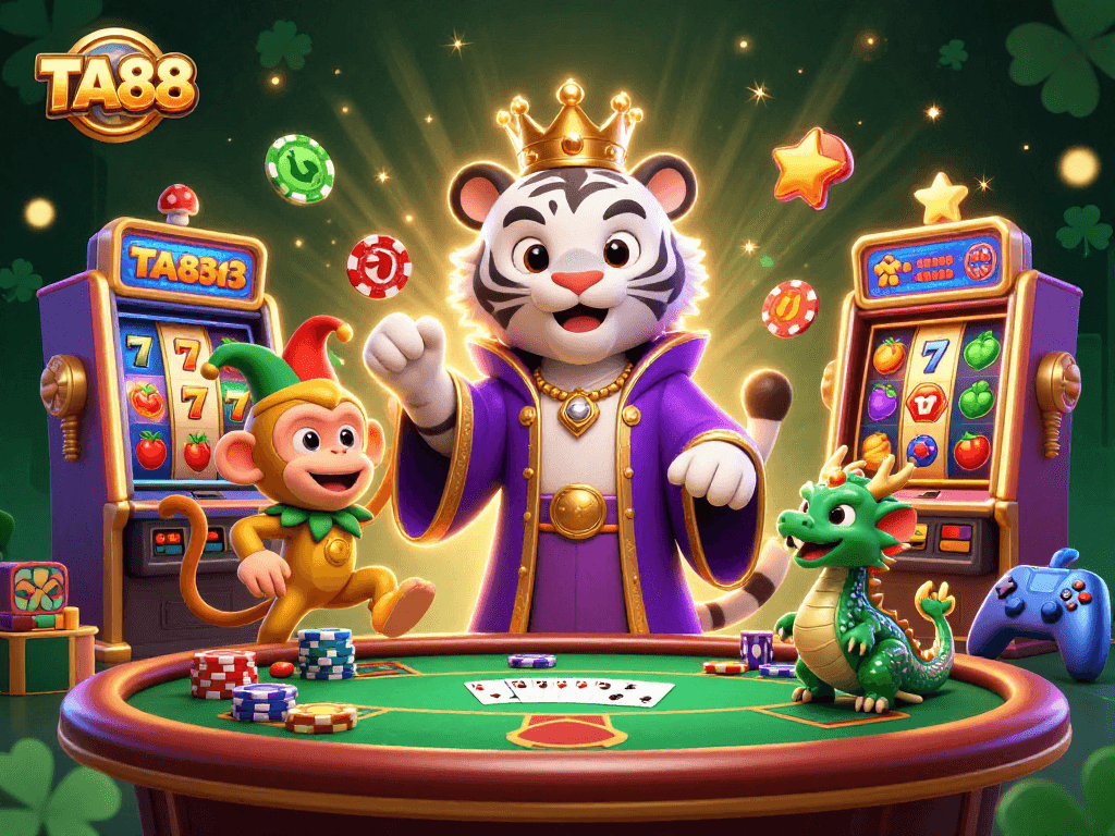 TA88 brings excitement with a 3D illustration of a white tiger, monkey, and jade dragon in a lively casino setting.