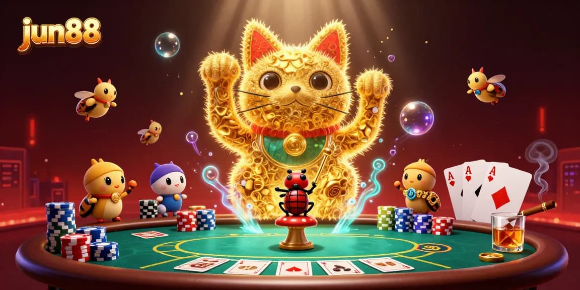 Experience the excitement of jun88 with a vibrant, dynamic casino illustration showcasing a lucky cat and poker elements.