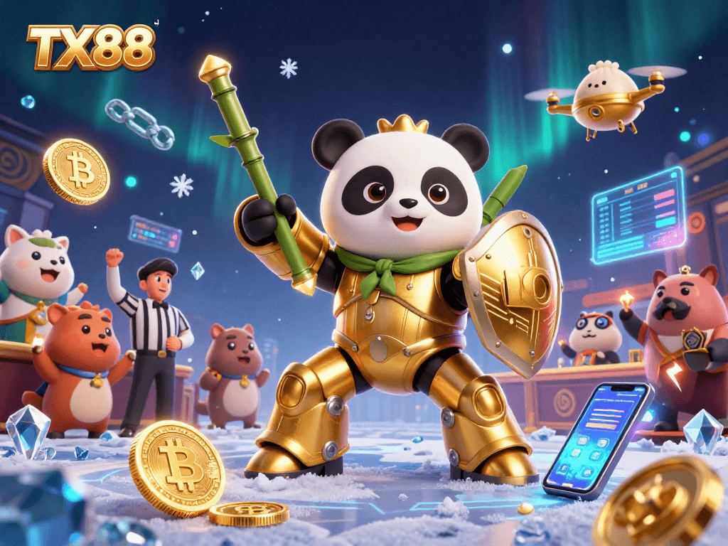 Experience TX88 with a vibrant casino illustration featuring a golden panda robot and crypto elements.