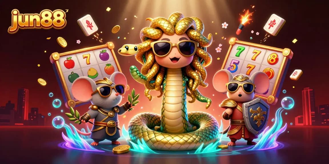 Engage with jun88's exhilarating casino atmosphere featuring slot reels and vibrant characters.