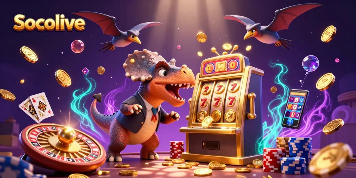 Socolive showcases a joyful pachycephalosaurus winning jackpots amid a lively casino scene.