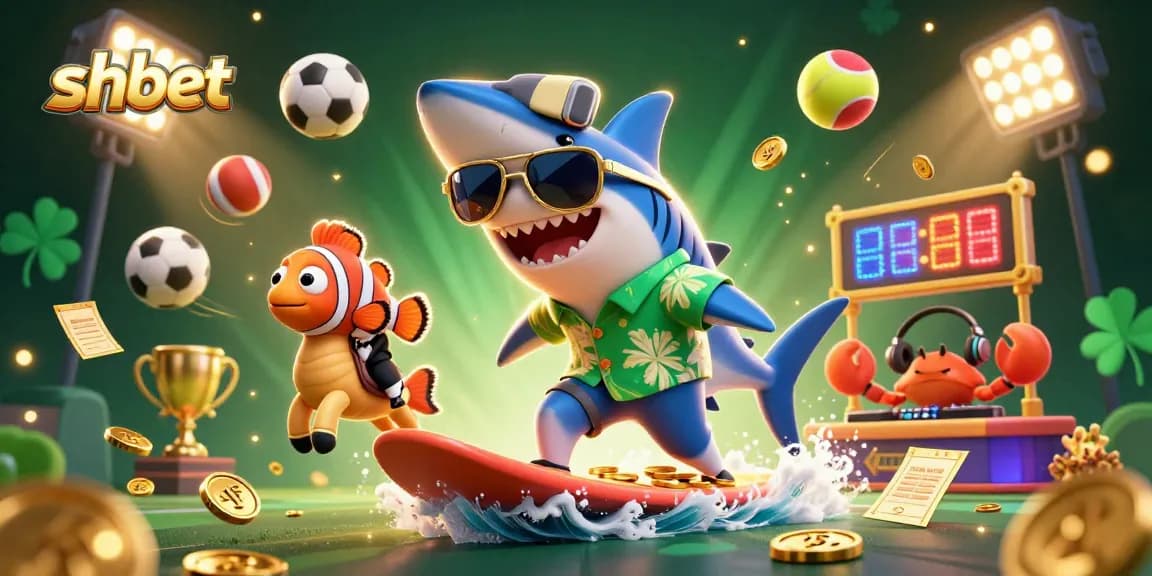 Experience thrilling wins with shbet, featuring a shark celebrating on coins amidst dynamic gaming elements.
