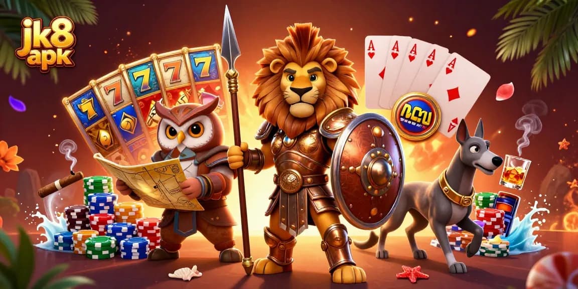 Engage with jk8 apk's vibrant gaming experience, featuring immersive slot reels and dynamic festive characters.