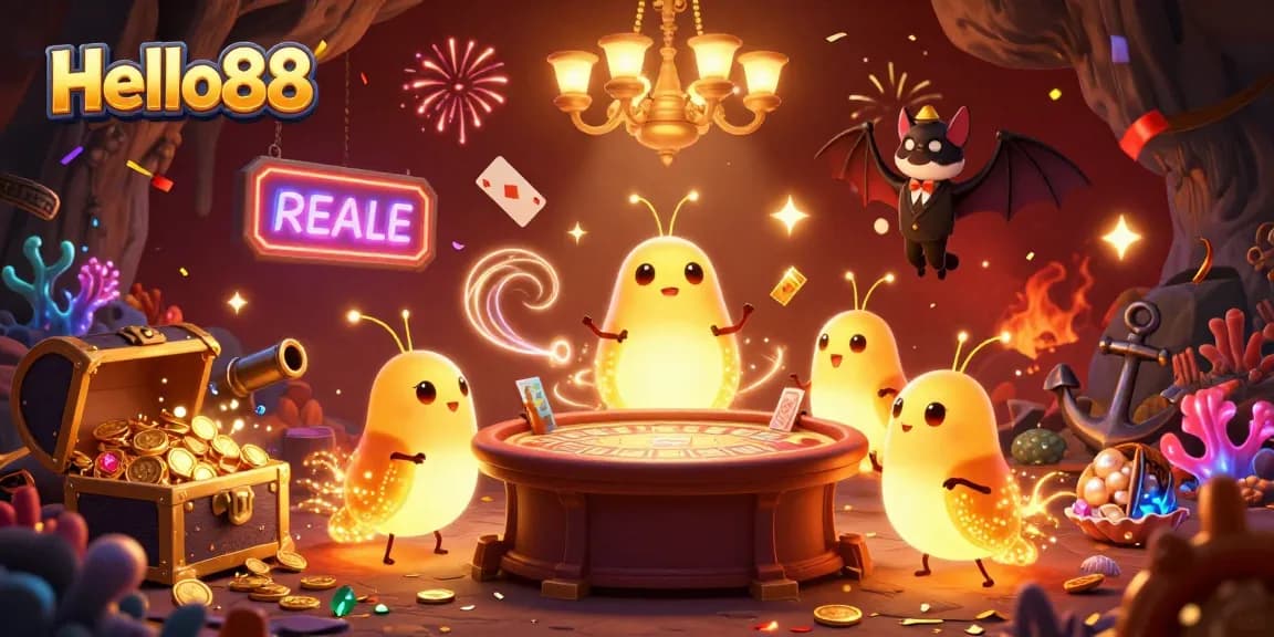 Hello88 shines in a vibrant casino scene, showcasing glowworms illuminating a card table and treasures.