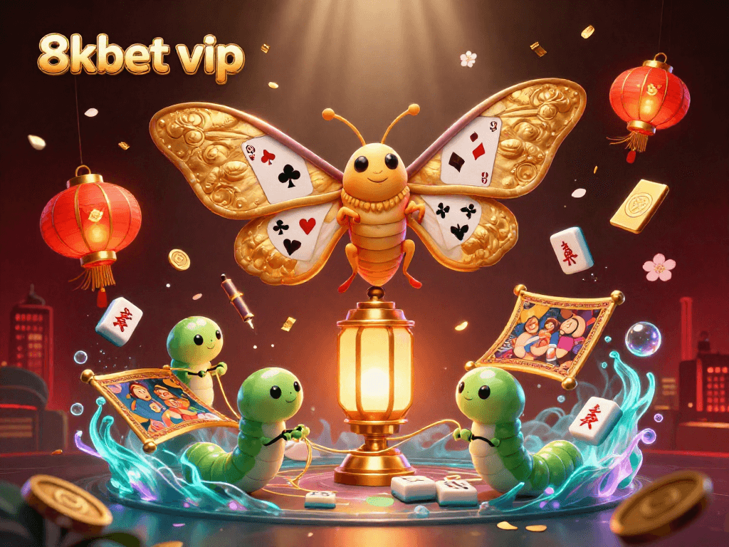 Experience the vibrant world of 8kbet vip with a captivating 3D casino illustration full of dynamic elements.