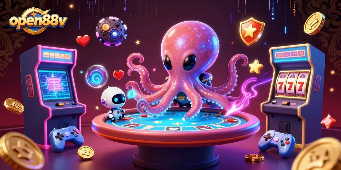 Play poker with open88v at a vibrant casino scene featuring alien octopus dealers.