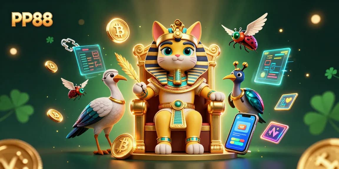 Experience exciting gameplay at PP88 with Egyptian-themed royalty and vibrant cryptocurrency elements.