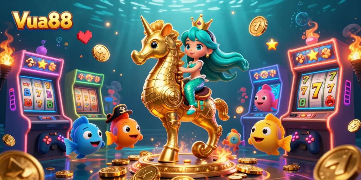 Experience thrilling adventures at Vua88 with colorful casino-themed animation featuring a mermaid on a seahorse.