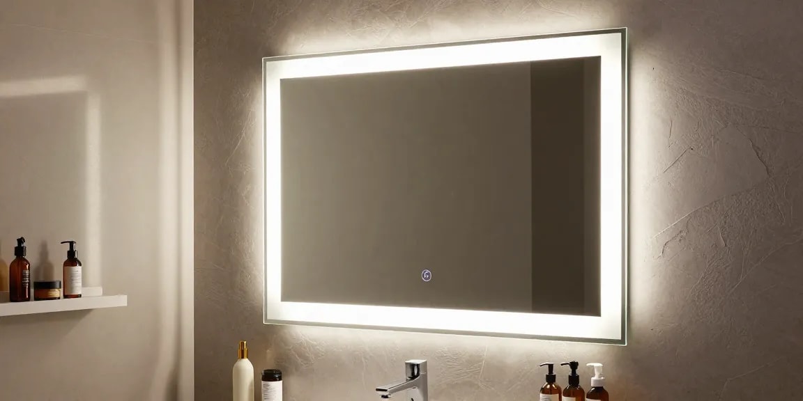 An elegant oglinda baie with LED lights, perfect for online shopping, showcasing best deals on modern bathroom mirrors.