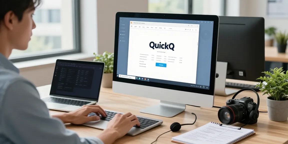 使用quickq电脑版体验现代办公环境，展现专业人士专注操作电脑的场景。