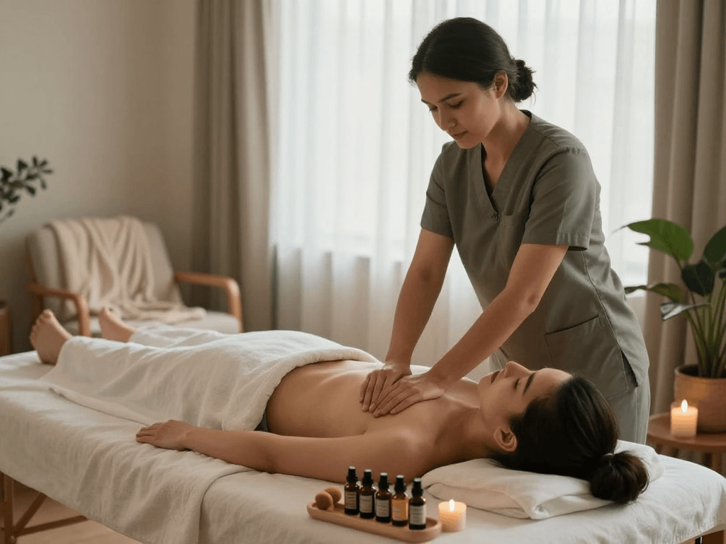 Engaging 영등포출장마사지 session at home, showcasing relaxing atmosphere with a professional therapist and soothing decor.