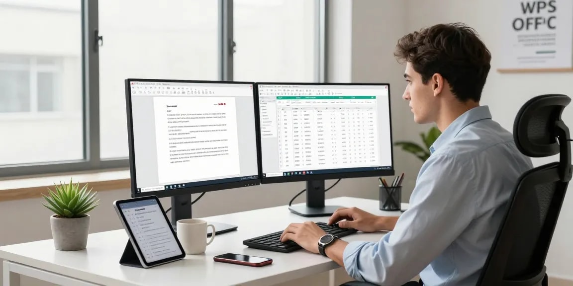 Download WPS Office in a modern office setup with dual screens showcasing productivity tools and a vibrant workspace.