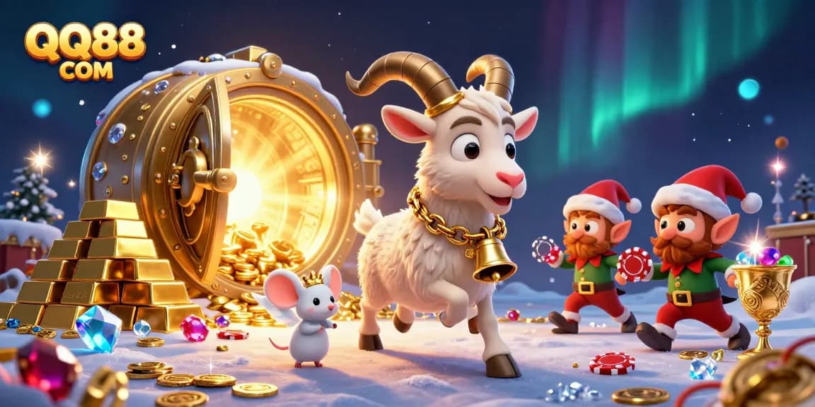 Experience thrilling action at QQ88 COM casino with festive characters in a captivating illustration.