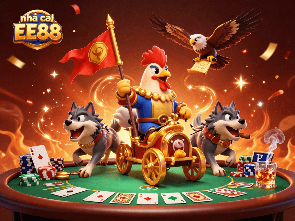 Engage with nhà cái EE88 through an exciting scene of a rooster warlord and poker elements.