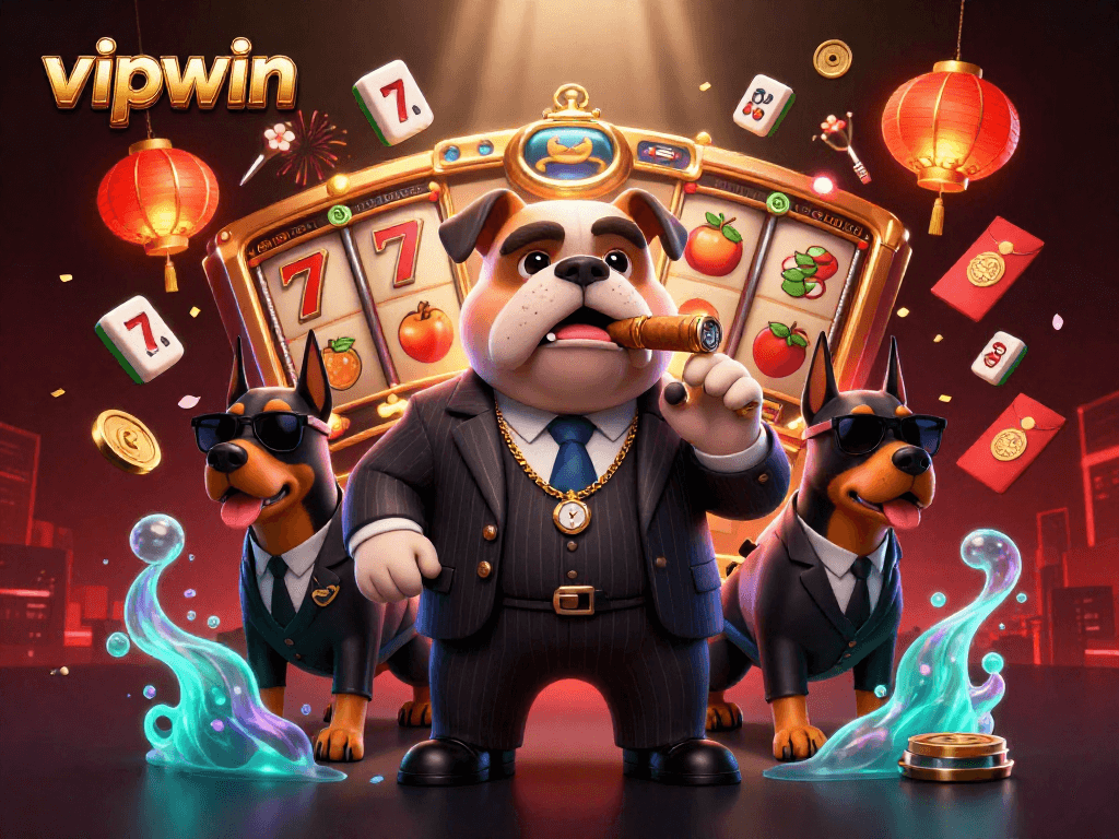 Engage with vipwin's thrilling casino experience featuring a mafia boss and bodyguards surrounded by festive game elements.