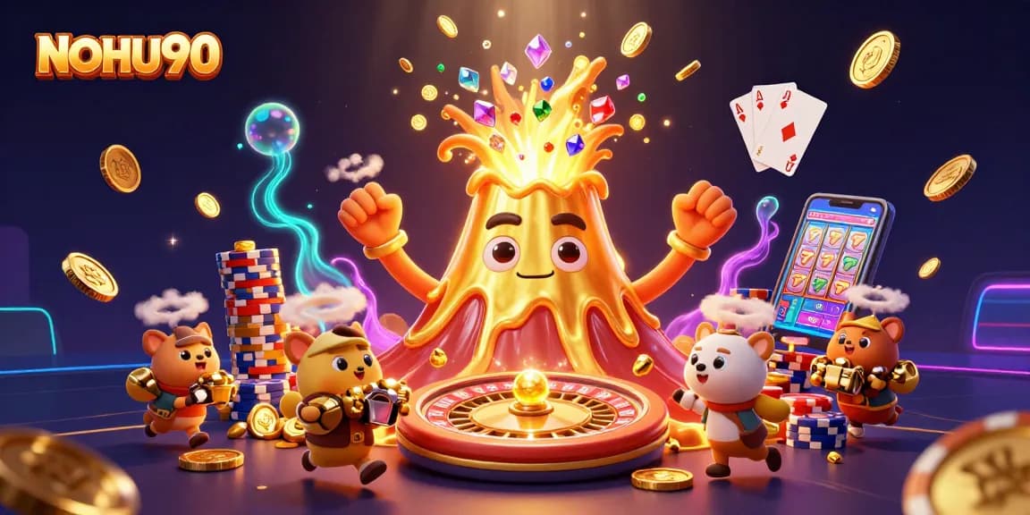 Engage with NOHU90's vibrant casino world, showcasing gold coins, treasure, and gaming excitement.
