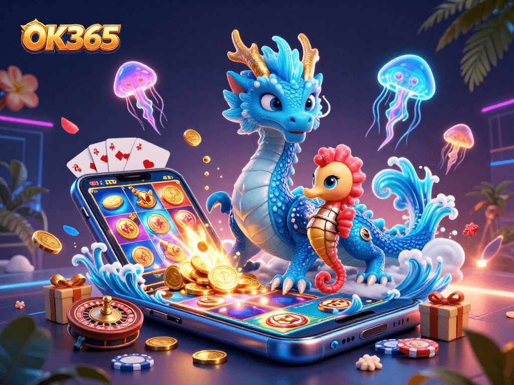 Engage with OK365's dazzling gaming atmosphere featuring a water dragon and seahorse knight.