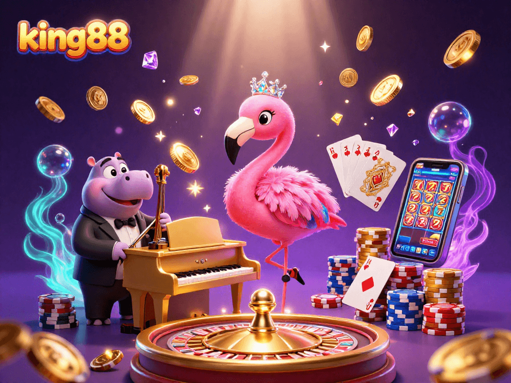 Engage with king88's vibrant casino world featuring a flamingo singer and a hippo bassist.