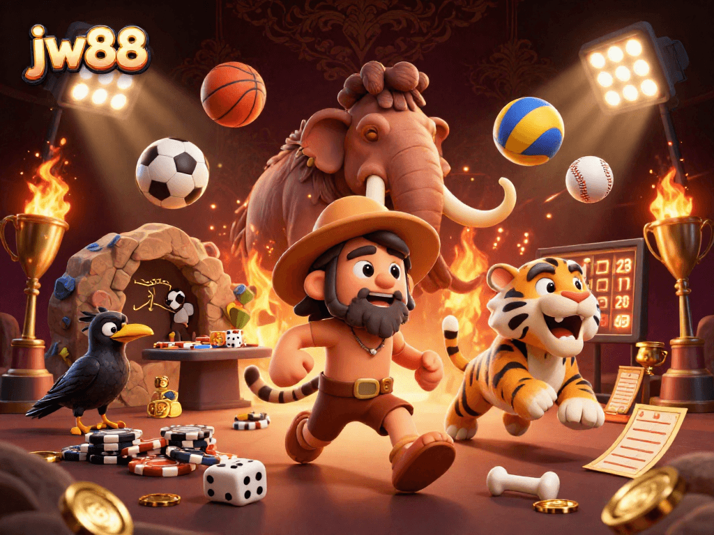 Win big at jw88 with our prehistoric casino featuring a caveman, sabertooth tiger, and sports elements.