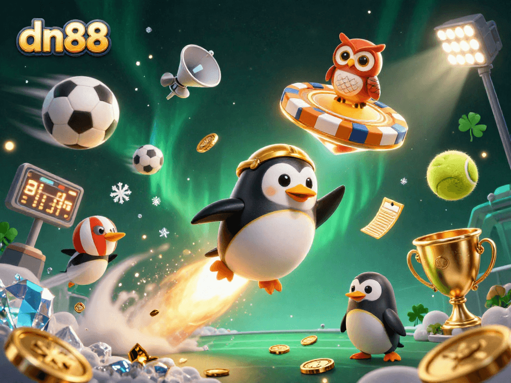 Experience thrilling gameplay with dn88's vibrant 3D illustration of a golden penguin venturing toward a casino space station.