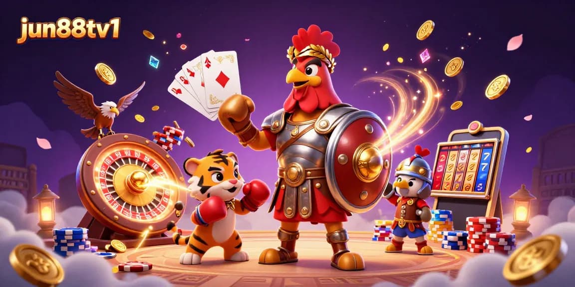 Experience thrilling action at jun88tv1 with a gladiator rooster and tiger cub in an exciting gaming arena.